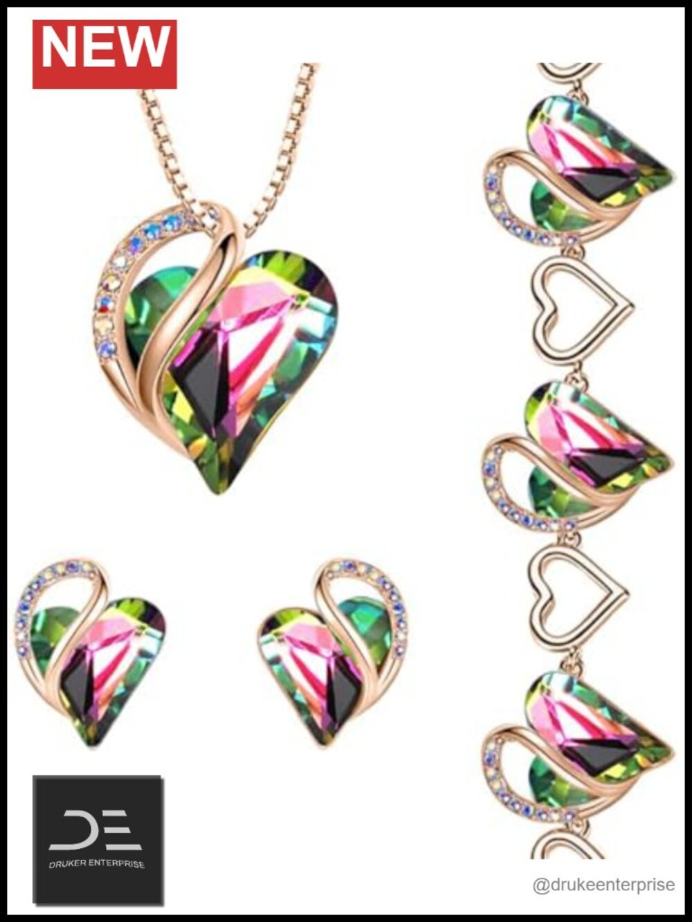 18K Rose Gold Plated Crystal Heart Jewelry Set Necklace Earrings Bracelet